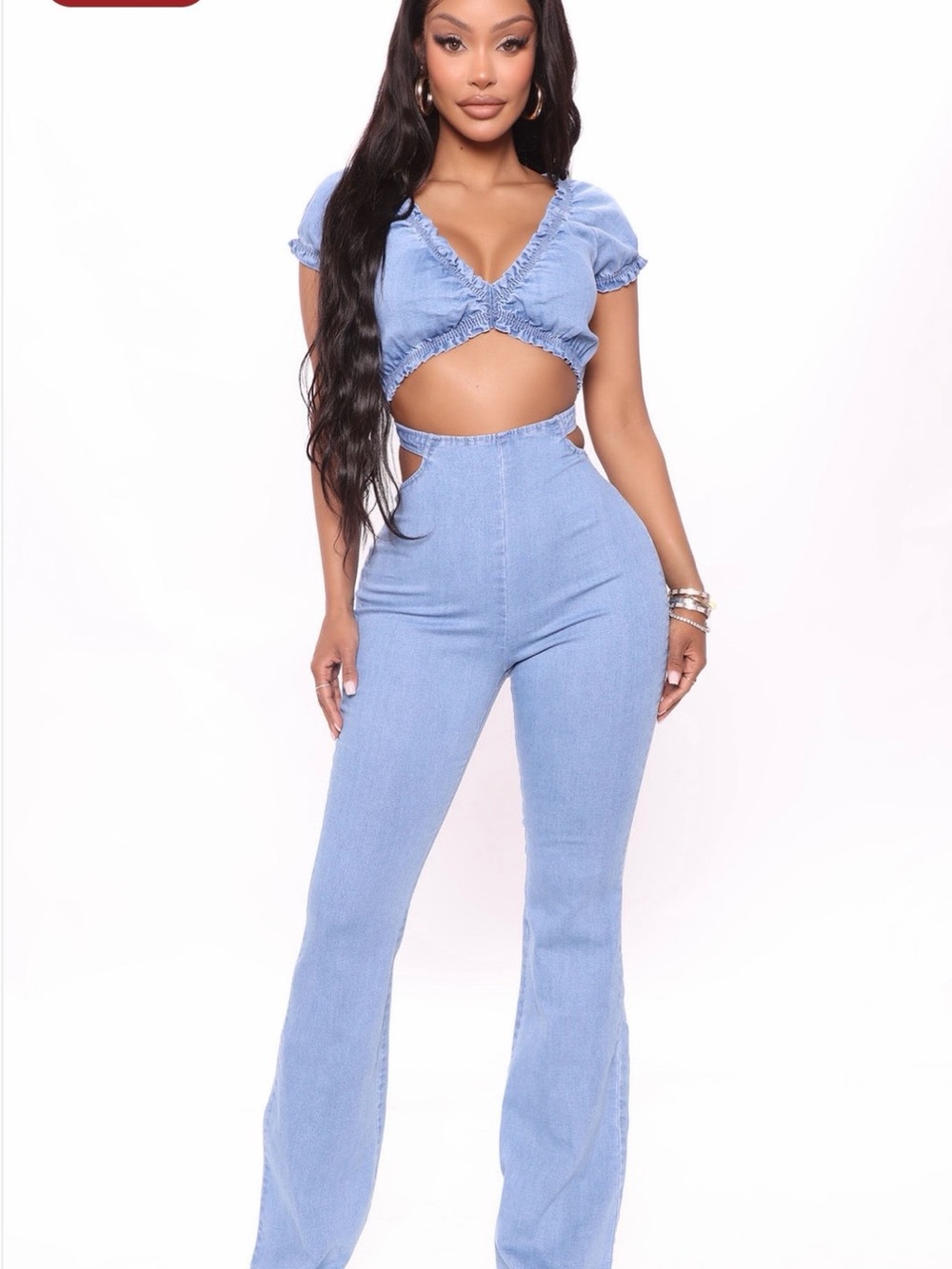 High-Waist Light Blue Cutout Flare Jumpsuit